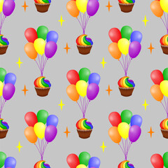 Obraz premium Bundles of colorful balloons, stars and rainbow cupcakes on a gray background. Childish seamless pattern. For fabric, wrapping, wallpaper. Vector illustration.