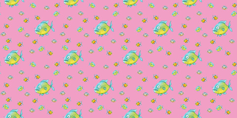 pattern. Set with fish. Sea and river fish. Horizontal image. Banner for insertion into site.