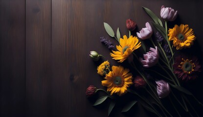 Flowers on side of dark wooden planks background from Generative AI