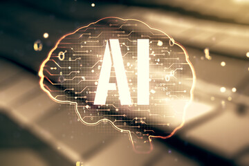 Double exposure of creative artificial Intelligence interface on blurry metal background. Neural networks and machine learning concept