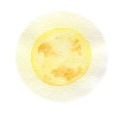 watercolor moon, hand drawn illustration of spase object, yellow textured full moon isolated on white background