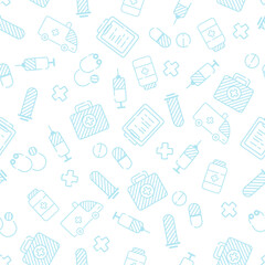 Seamless pattern with outline icons of chemistry medicine