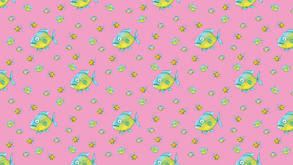 pattern. Set with fish. Sea and river fish. Horizontal image. Banner for insertion into site.