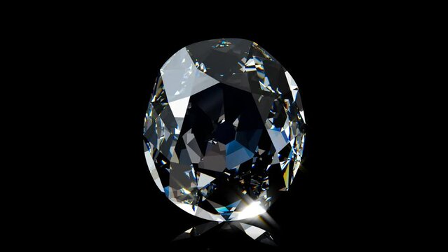 Koh-i-noor diamond rotating on black glossy background. Seamless loop 3d animation