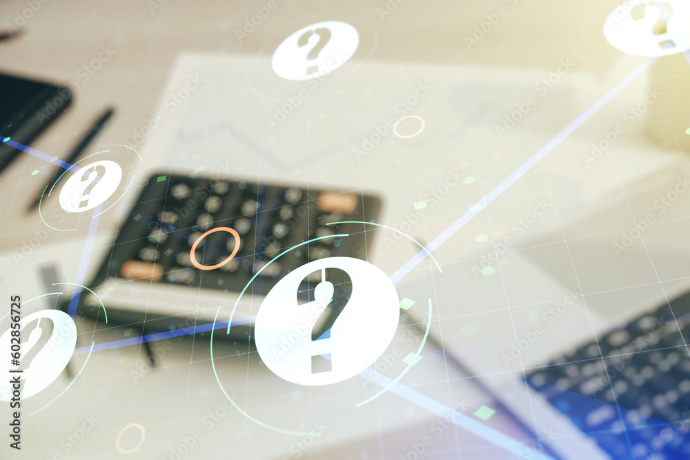 Aufkleber abstract virtual question mark sketch on calculator and pc background, faq and research concept. dou