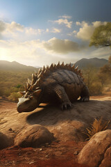 Fototapeta premium Guardian of the Prehistoric Realm: A Realistic Illustration Showcasing the Mighty Ankylosaurus in a Mesmerizing Prehistoric Landscape AI generated
