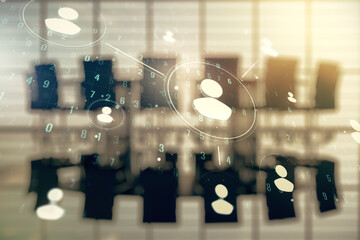 Double exposure of abstract virtual social network icons on a modern meeting room background. Marketing and promotion concept