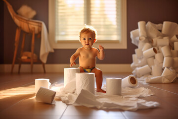 Close up of a baby playing with toilet paper on the floor - obrazy, fototapety, plakaty