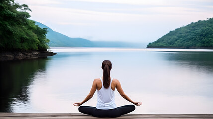 Fototapeta premium Young woman doing yoga outdoor. Background of beautiful river.