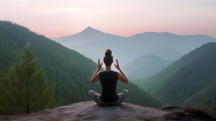 Naklejka na ściany i meble Young woman doing yoga outdoor. Background of beautiful mountains.