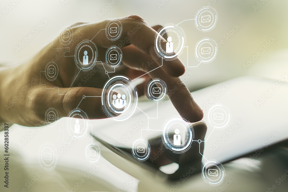 Poster double exposure of social network icons concept and hand working with a digital tablet on background