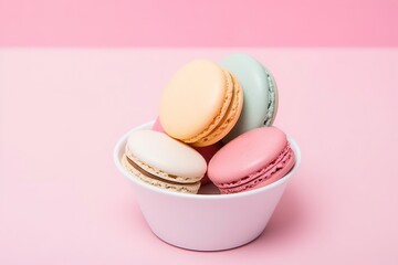 colorful macaroons on wooden background pink, macaroons of different colors in a white paper cup on a pink background