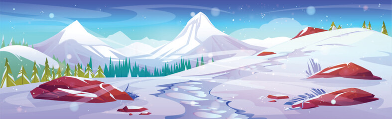 Winter snow mountain landscape cartoon vector background. Journey horizon view from hill on scenery tree. North track road to forest in snowy wonderland valley with blizzard in xmas holiday season