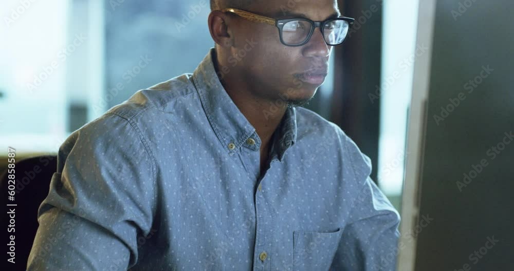 Poster computer, night and focus with a business man working late in his office on an overtime company proj