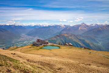 Fototapeta premium View of summit Monte Tamaro with the Santa Maria degli Angeli Chapel, Switzerland.