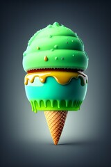 A green ice cream cone with yellow and green topping with Generative AI