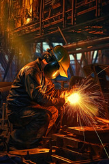Fototapeta premium Welder at work on ship building, shipyard, heavy steel structures industry, ai generative