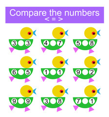 Math activity for kids. Compare the numbers. Illustration for children education