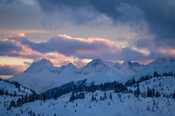 View of Mountain Range at Sunset in Banff Alberta Canada