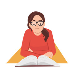 illustration of a girl reading a book lying on the floor. Flat vector illustration isolated on white background