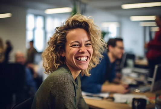 Smiling woman in the office, generative AI, Generative AI