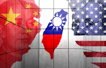 Flags of China, USA and Taiwan. Repeated exposure of portraits of Jemin Franklin and Mao Zedong. in the cracks. Describe the United States. Taiwan. China. The Taiwan Strait crisis.