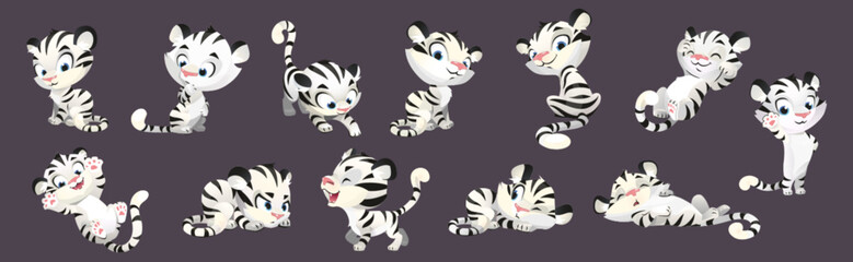 Cute white tiger baby cartoon vector character set. Small dancing, waving, lying, smile and playful wild cat with tail isolated drawing. Comic expression wild asset kit with blue eyes and black stripe