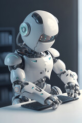 A toy robot is typing on a laptop keyboard while sitting, generating an artificial intelligence image. AI generating Generative AI