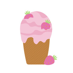 Ice cream in a waffle cup with strawberries. Pink dessert in flat style isolated
