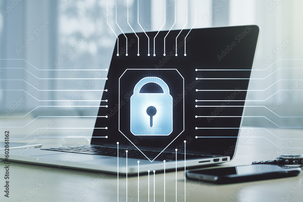 Poster creative idea concept with lock symbol and microcircuit illustration on modern laptop background. pr