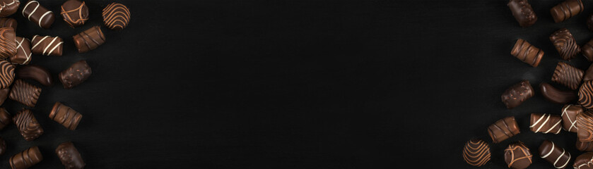 Bonbon Chocolate Pralines Texture Background, Cocoa Candies Banner, Chocolate Praline on Black