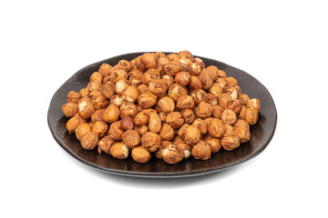 Nut Kernels, Hazelnuts Pile on Plate Isolated, Healthy Organic Nuts Group, Nut Kernels on White