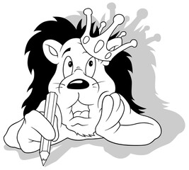 Drawing of a Lion King with a Crown on his Head and a Crayon in his Paw