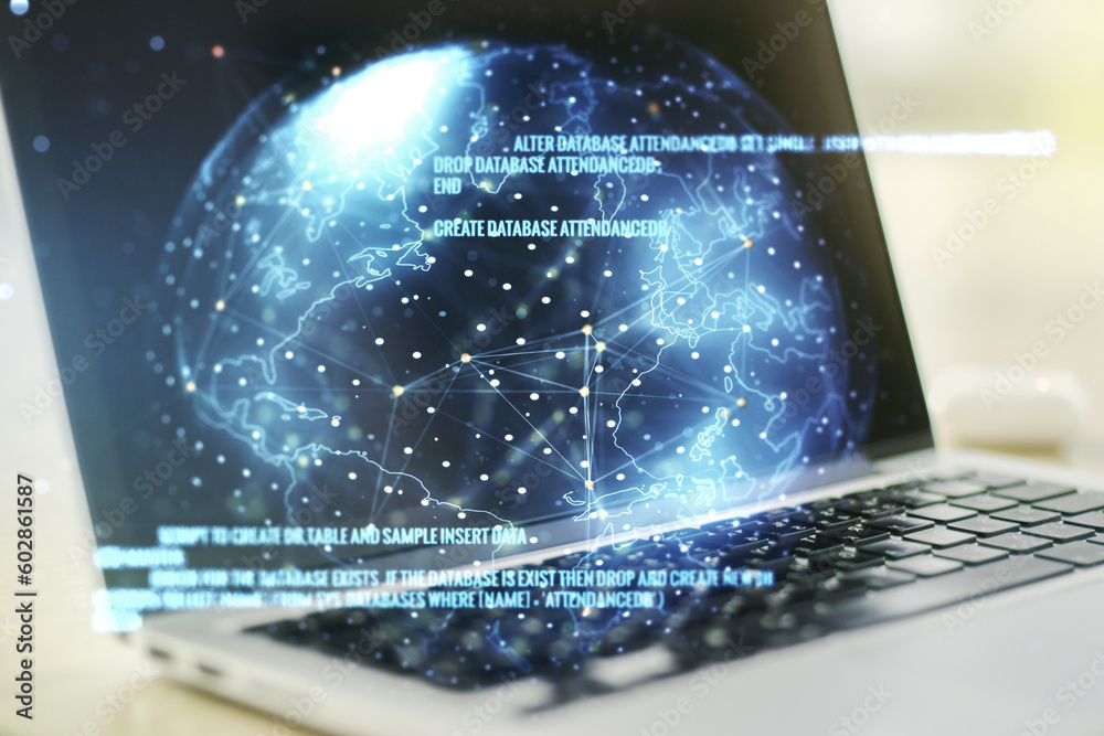 Poster double exposure of abstract creative programming illustration with world map on computer background,