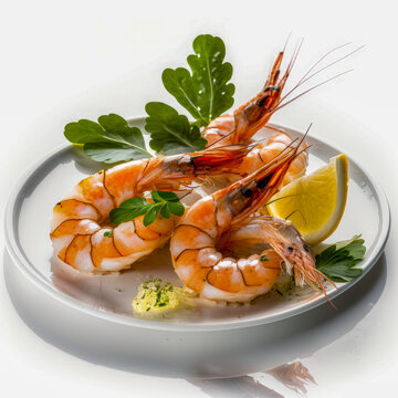 Gourmet food. Shrimp on a white plate