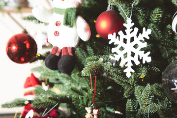 A closeup view of a Christmas tree fully decorated with ornaments.