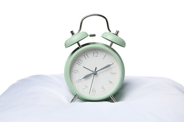 Concept of sleep and wake up with alarm clock, isolated on white background