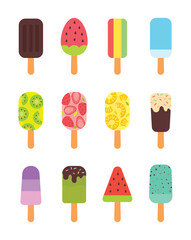Illustration of various cute stick ice cream icons.