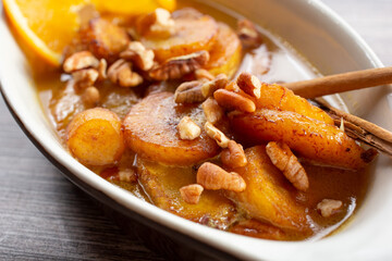 A closeup view of a plate of platanos flameados.