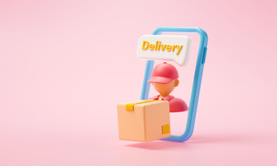 Delivery courier man holding Parcel Box with smartphone. Express online delivery service. Online order via phone. 3D render illustration