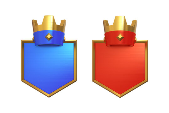Set of 3d elements. Blue and red Frame Shield with a crown on a white background, front angle. 3d render