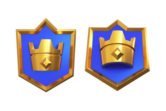 Set of 3d elements. Blue Shield with a crown on a White background, angle from front and below. 3d render