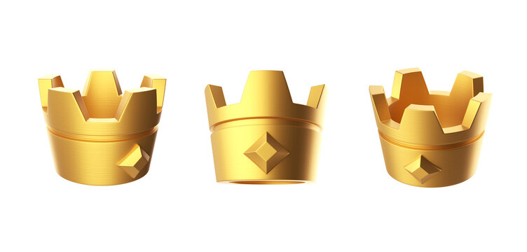 Set of golden crowns isolated on white background. 3d render