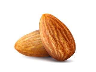 Almond nuts isolated on white background. Almond set. Full depth of field. Close up view.