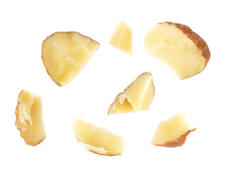 Almond nuts isolated on white background. Almond fly. Full depth of field. Close up view.