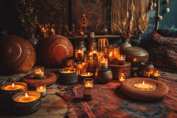Naklejka premium Bohemian room setup Generative AI