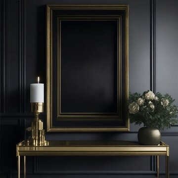 A single empty frame with a luxurious gold finish sits on a dark wooden console table in front of a textured charcoal wall.
