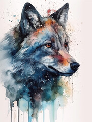 Watercolor portrait of a fox. Digital painting on a white background. AI generated