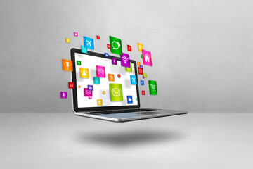 Flying icons around a laptop. Cloud computing concept