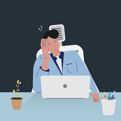 Men using laptop in flat art design character technology think or Thought doubt concept. Vector illustration